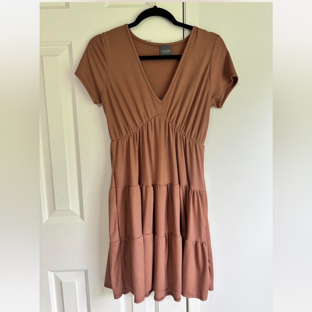 Olivia Rae Pinkish/Tan V-Neck Tiered Dress
